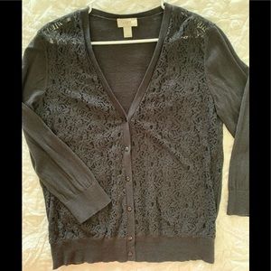 LOFT Black Lace Button up Cardigan Sweater